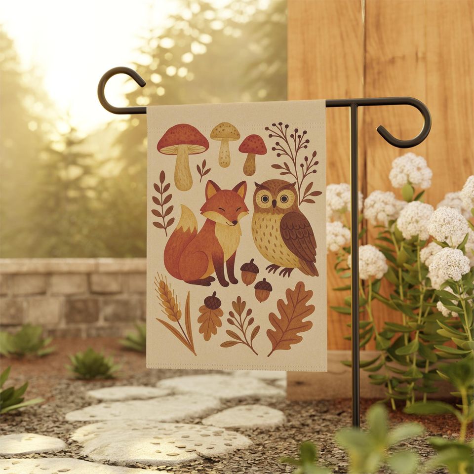 Rustic Folk Garden Flag: Autumn Woodland Fox, Owl & Mushroom Decor