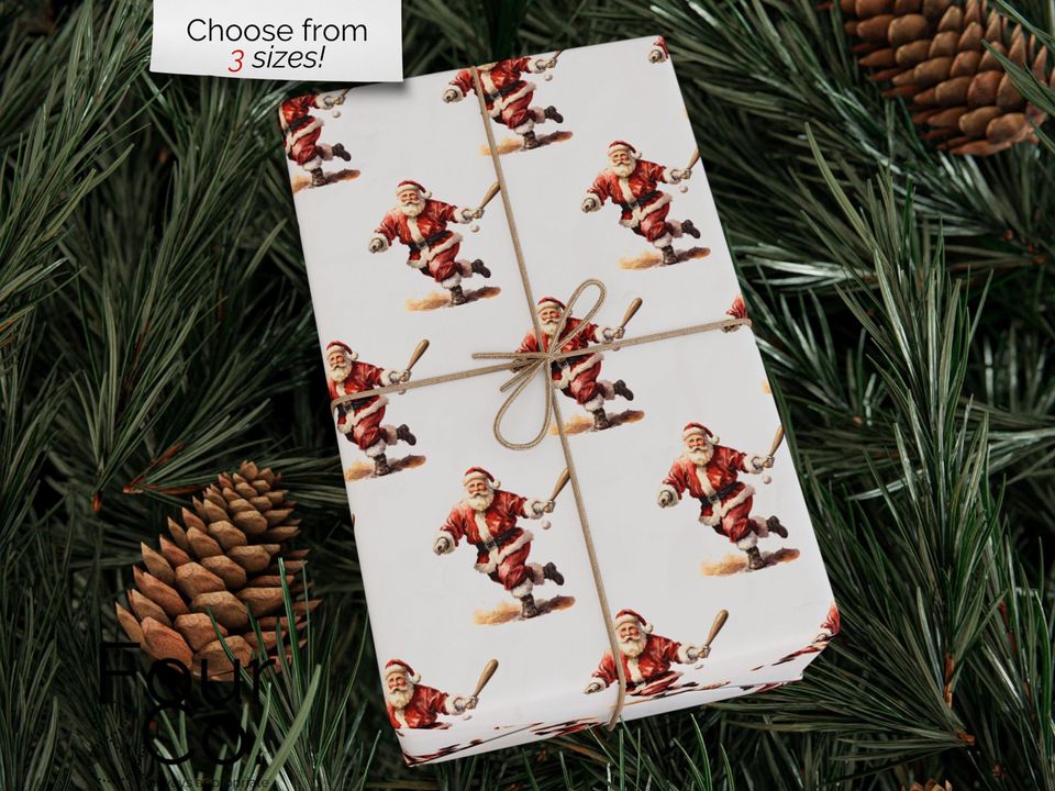 Santa Playing Baseball Wrapping Paper, Boy Christmas Gift Wrap