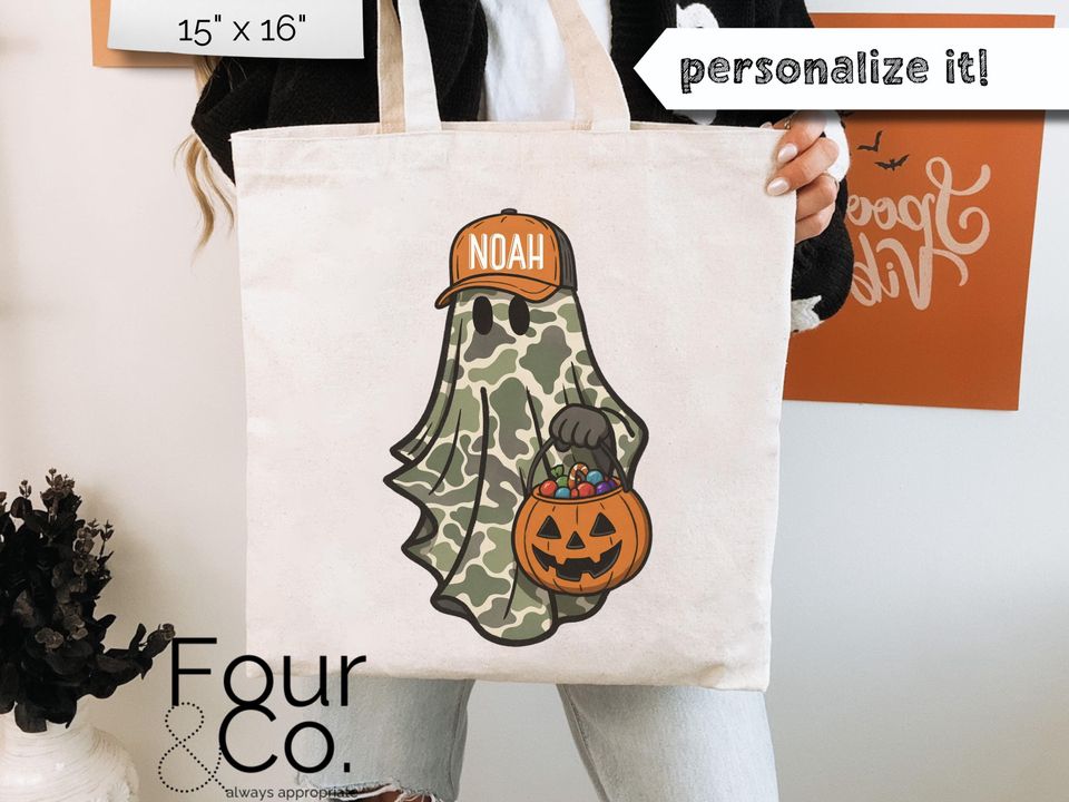 Camo Ghost Halloween Tote, Boys Trick or Treat Bag, Camo Halloween