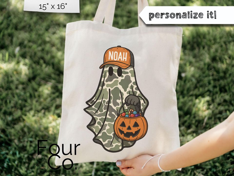 Camo Ghost Halloween Tote, Boys Trick or Treat Bag, Camo Halloween