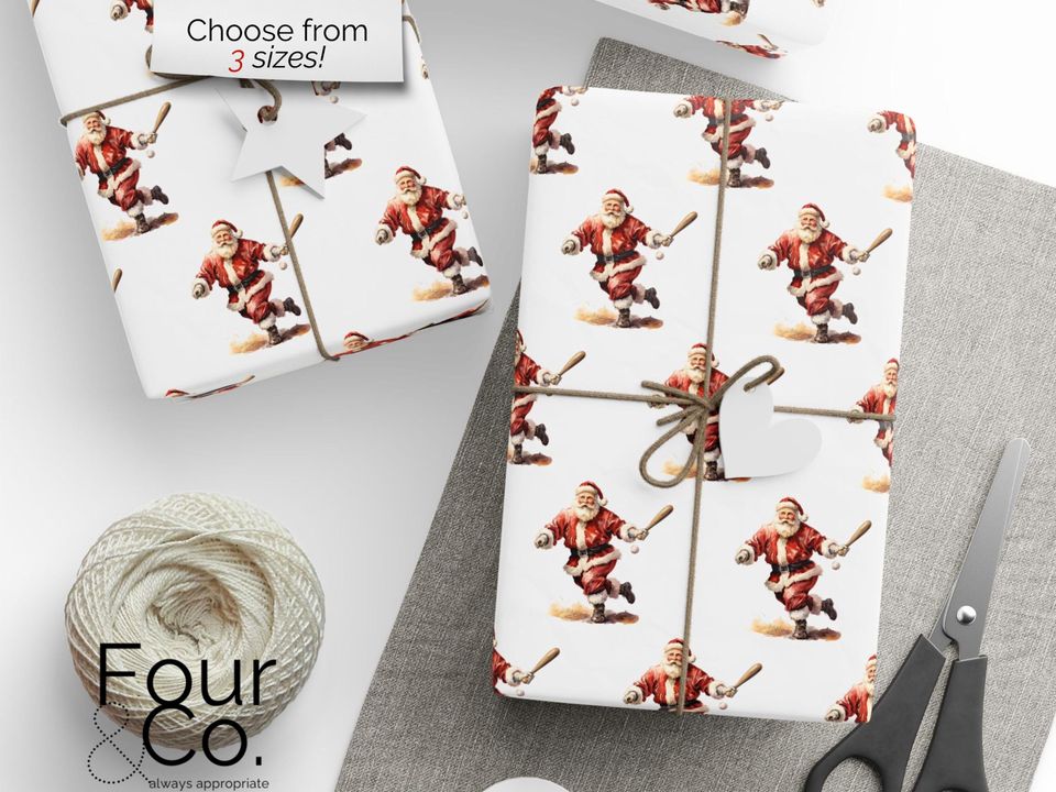 Santa Playing Baseball Wrapping Paper, Boy Christmas Gift Wrap