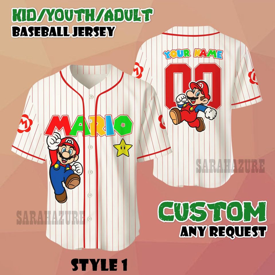Custom Mario Baseball Jersey, Personalized Nintendo Family Matching Shirt, Universal Studios Super Mario Tee