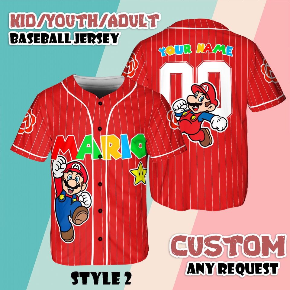 Custom Mario Baseball Jersey, Personalized Nintendo Family Matching Shirt, Universal Studios Super Mario Tee