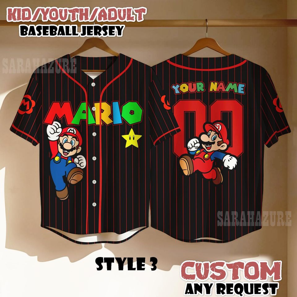 Custom Mario Baseball Jersey, Personalized Nintendo Family Matching Shirt, Universal Studios Super Mario Tee
