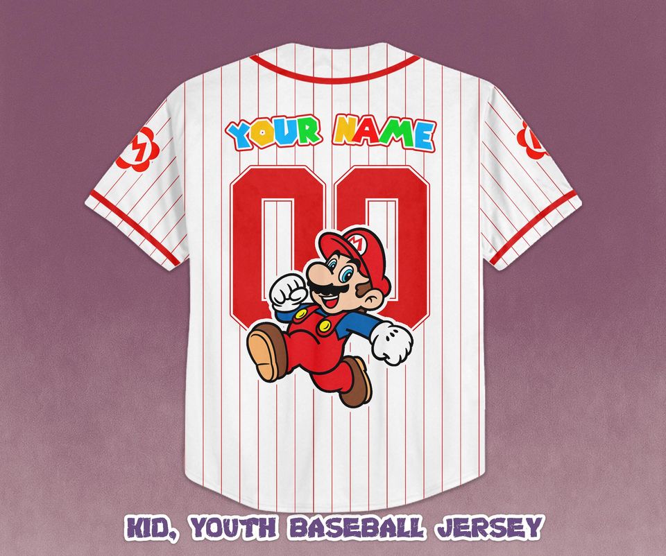 Custom Mario Baseball Jersey, Personalized Nintendo Family Matching Shirt, Universal Studios Super Mario Tee