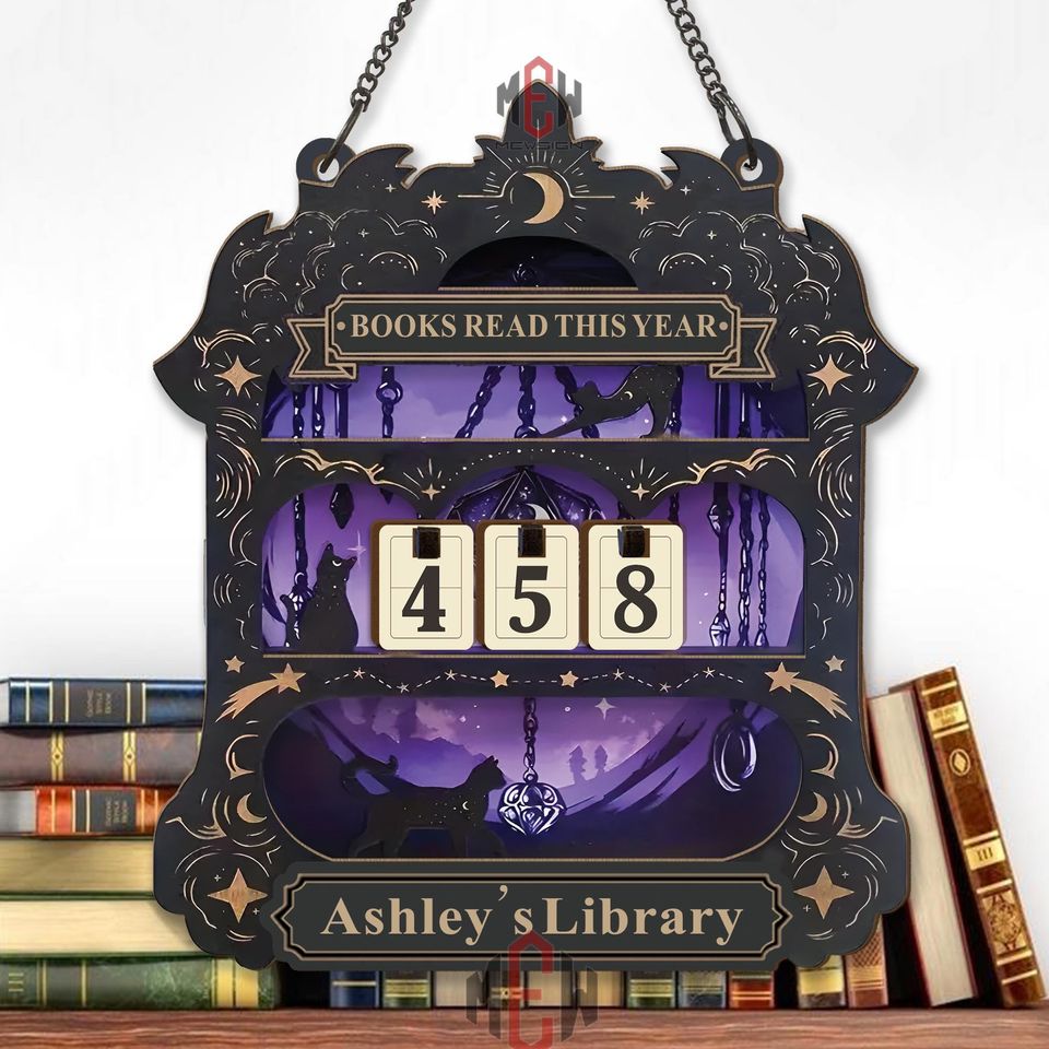 Books Read This Year Tracker  Gothic Cat Library Sign, Celestial Reading Counter, Personalized Wood Decor, Witchy Book Lover Gift