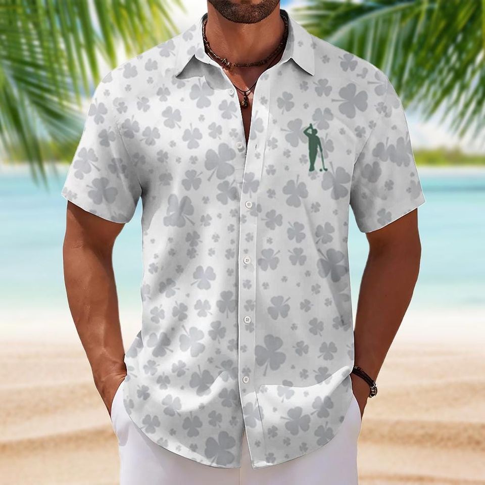 St Patrick Golf Hawaiian Shirt For Men, Clover Button Up Shirt, Shamrock Golf Shirt, Irish Golf Outfit, Summer Vacation Shirt
