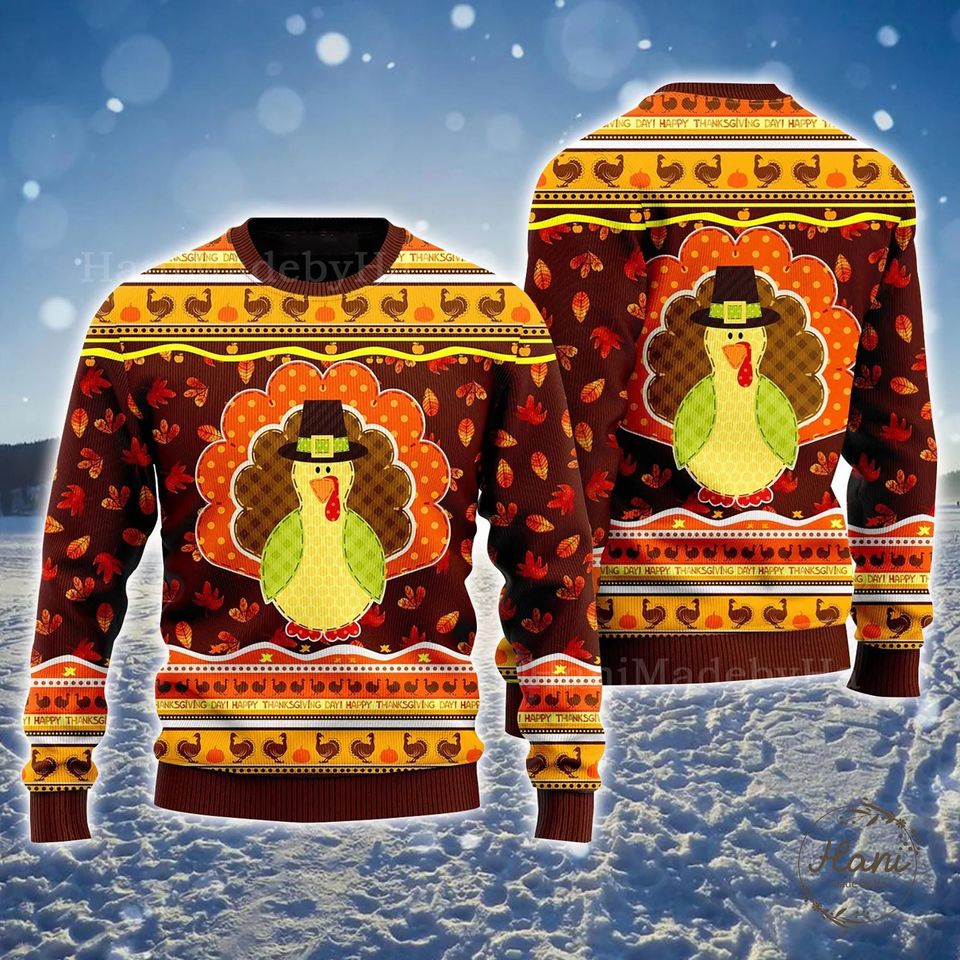 Chicken Ugly Sweater, Happy Thanksgiving Brown Ugly Sweater, Family Holiday Clothing, Unique Thanksgiving Gift