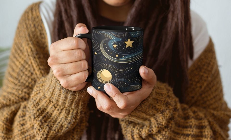 Starry Night Coffee Mug - Halloween Ceramic Mug - Fall Aesthetic Moon Space Art Gift