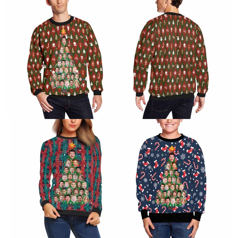 Personalized Christmas Tree Face Sweater: Custom Photo Ugly Xmas Hoodie