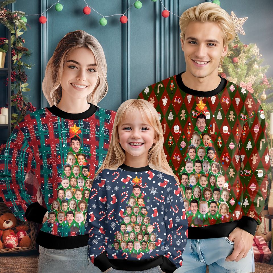 Personalized Christmas Tree Face Sweater: Custom Photo Ugly Xmas Hoodie