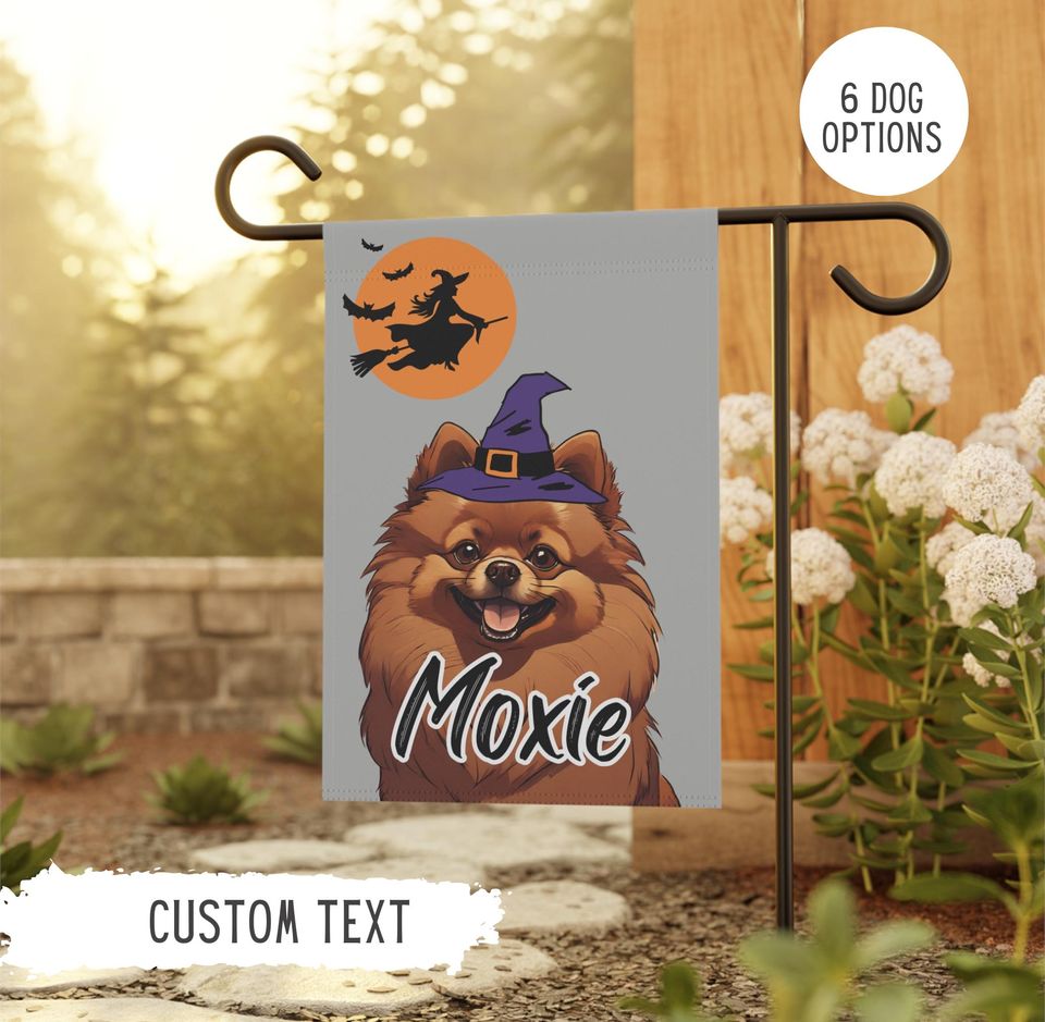 Personalized Name Pomeranian Halloween Garden Flag,Custom Dog Flags