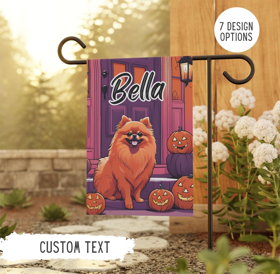Personalized Name Pomeranian Halloween Garden Flag,Custom Dog Flags