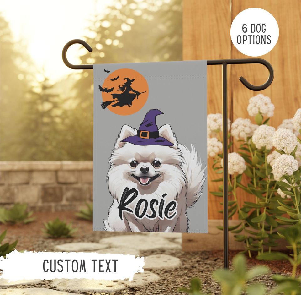 Personalized Name Pomeranian Halloween Garden Flag,Custom Dog Flags