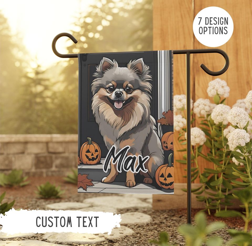 Personalized Name Pomeranian Halloween Garden Flag,Custom Dog Flags