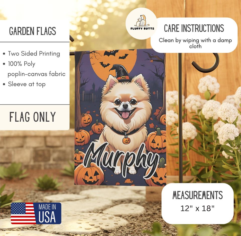 Personalized Name Pomeranian Halloween Garden Flag,Custom Dog Flags