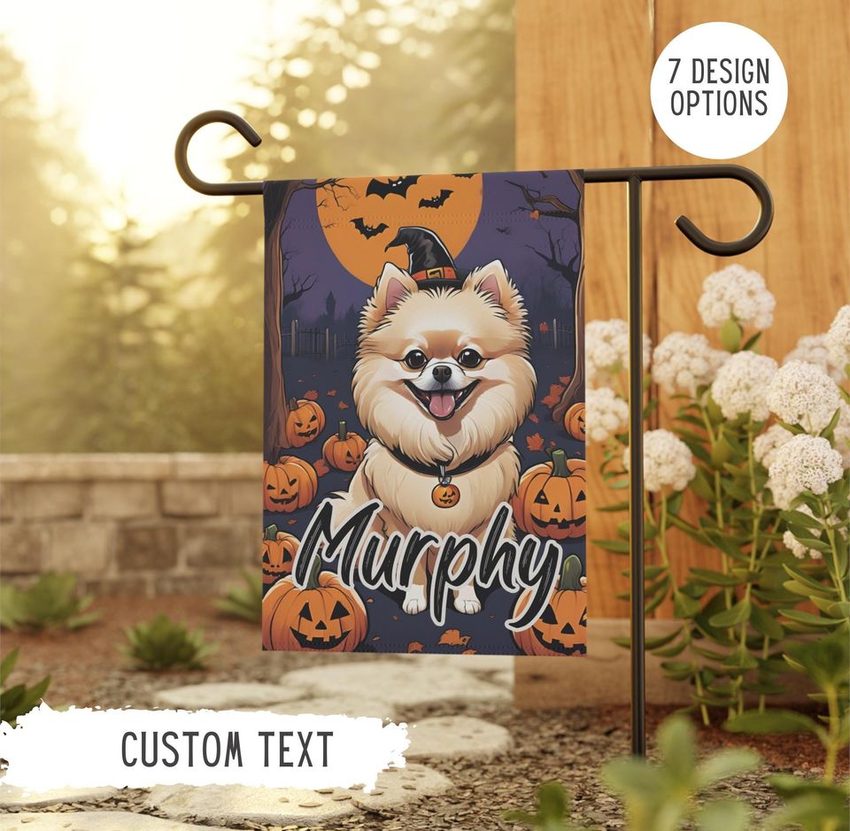Personalized Name Pomeranian Halloween Garden Flag,Custom Dog Flags