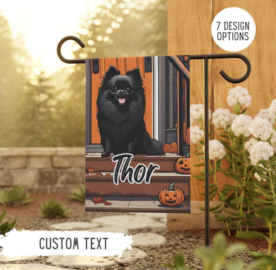Personalized Name Pomeranian Halloween Garden Flag,Custom Dog Flags