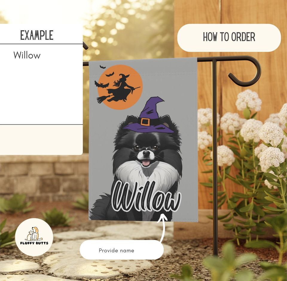 Personalized Name Pomeranian Halloween Garden Flag,Custom Dog Flags