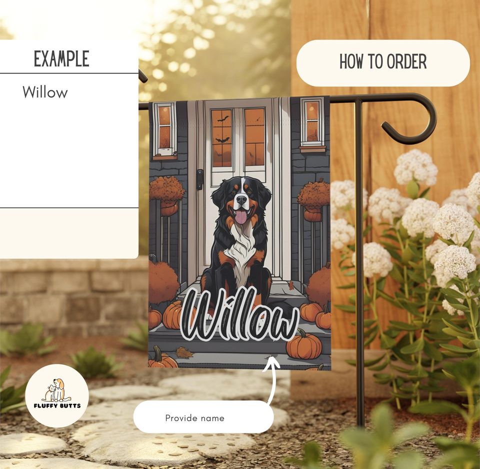 Personalized Name Bernese Mountain Dog Halloween Garden Flag,Custom Fall Berner Flags,Outdoor Decor,Pet Owner Gift,Mom Gifts,Dad Present