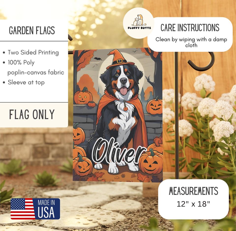 Personalized Name Bernese Mountain Dog Halloween Garden Flag,Custom Fall Berner Flags,Outdoor Decor,Pet Owner Gift,Mom Gifts,Dad Present