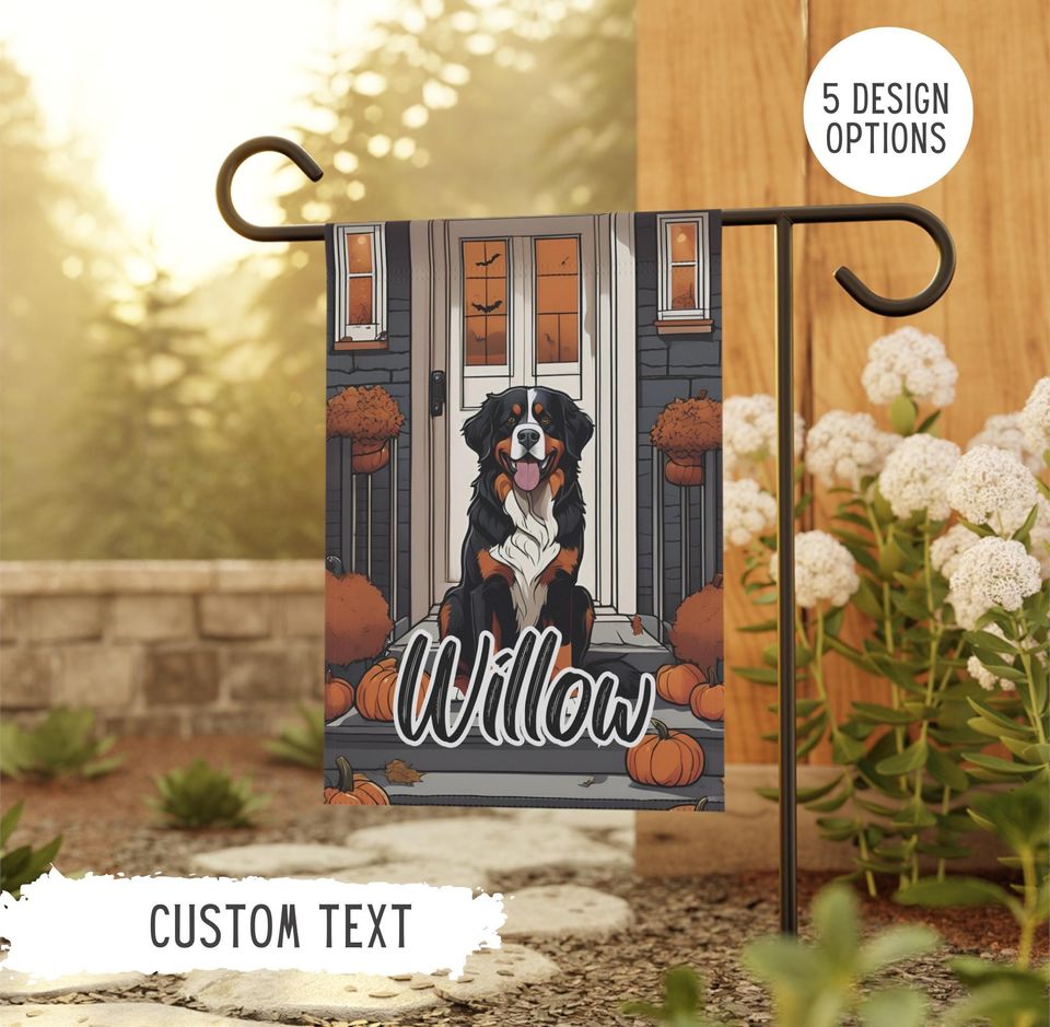 Personalized Name Bernese Mountain Dog Halloween Garden Flag,Custom Fall Berner Flags,Outdoor Decor,Pet Owner Gift,Mom Gifts,Dad Present