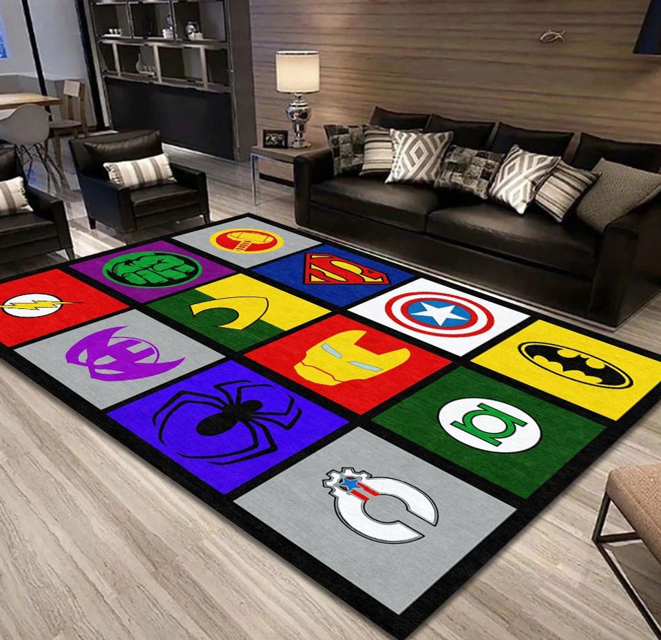 Super Hero Rug,Super Hero Logos, Hero Themed Kids Room Decor,Baby Room Rug Movie Rug