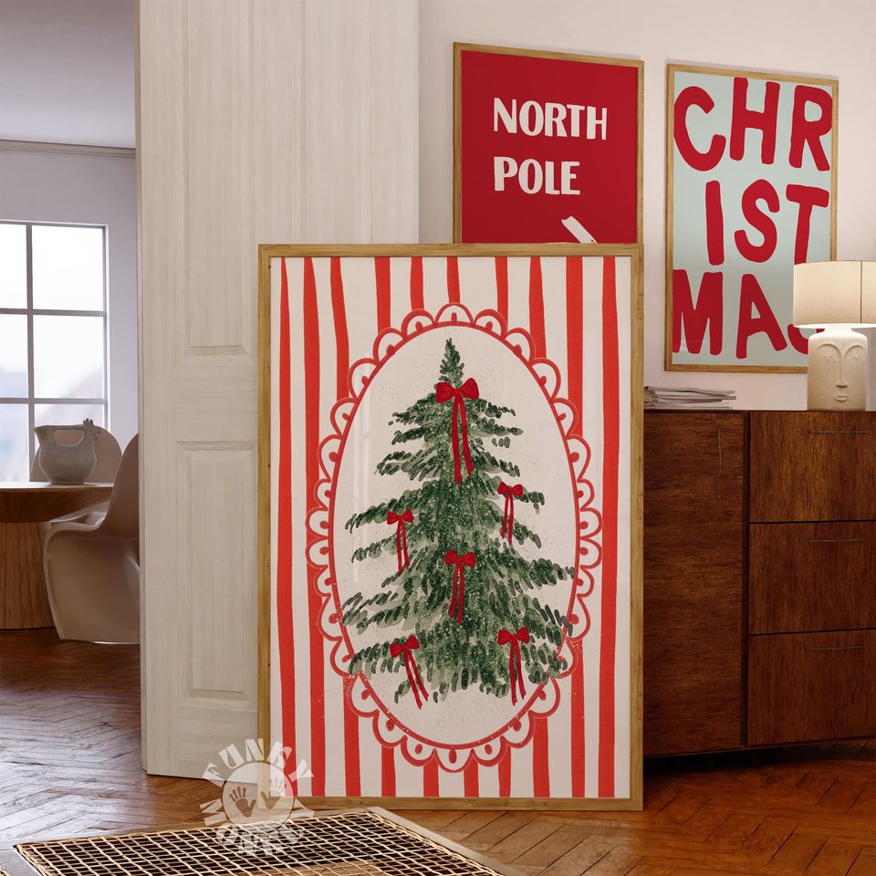 Christmas Tree Wall Art, Coquette Poster, Red Bows Printable, Girly Holiday Decor