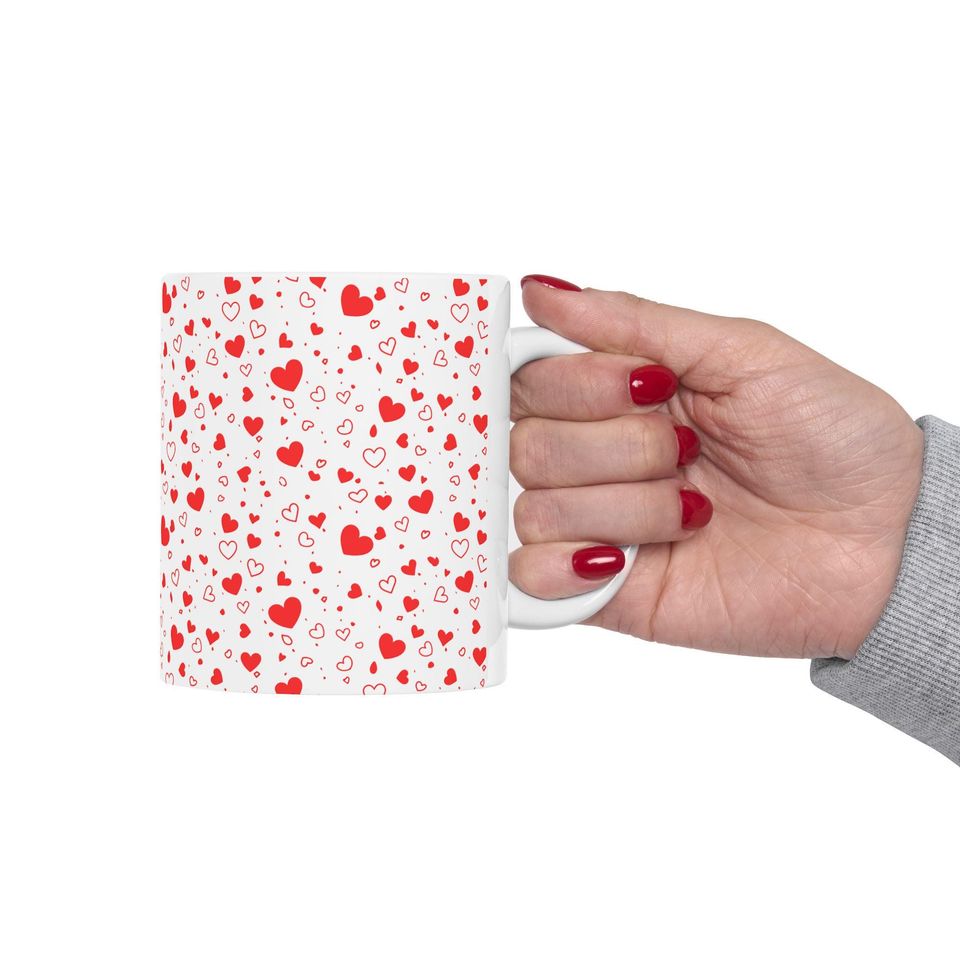 Red Heart Pattern Mug, Valentine Love Ceramic Coffee Cup, Valentine Gift