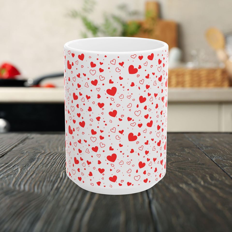 Red Heart Pattern Mug, Valentine Love Ceramic Coffee Cup, Valentine Gift