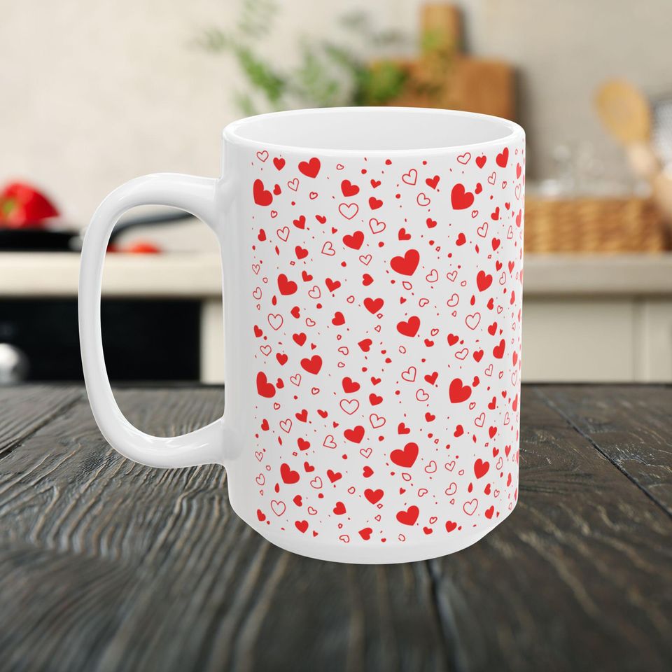 Red Heart Pattern Mug, Valentine Love Ceramic Coffee Cup, Valentine Gift