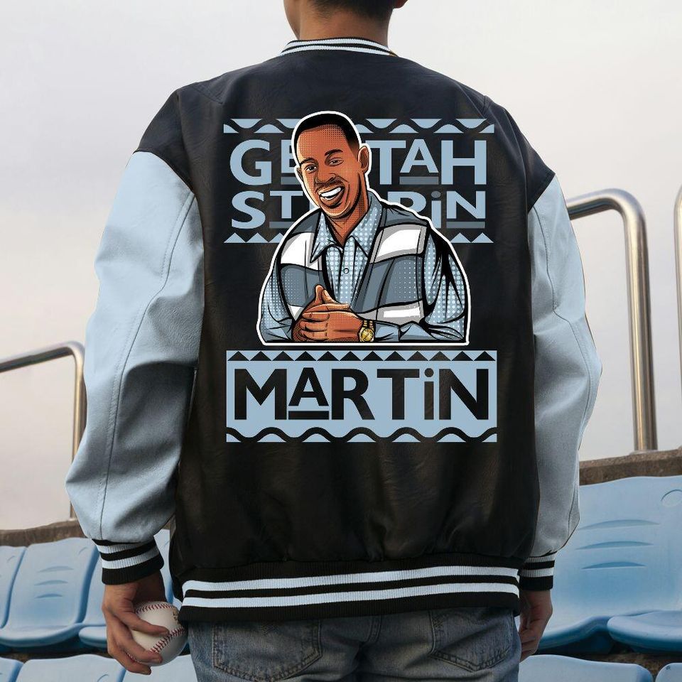 Custom  Blue Grey Unisex Varsity Jacket, Martin Cartoon