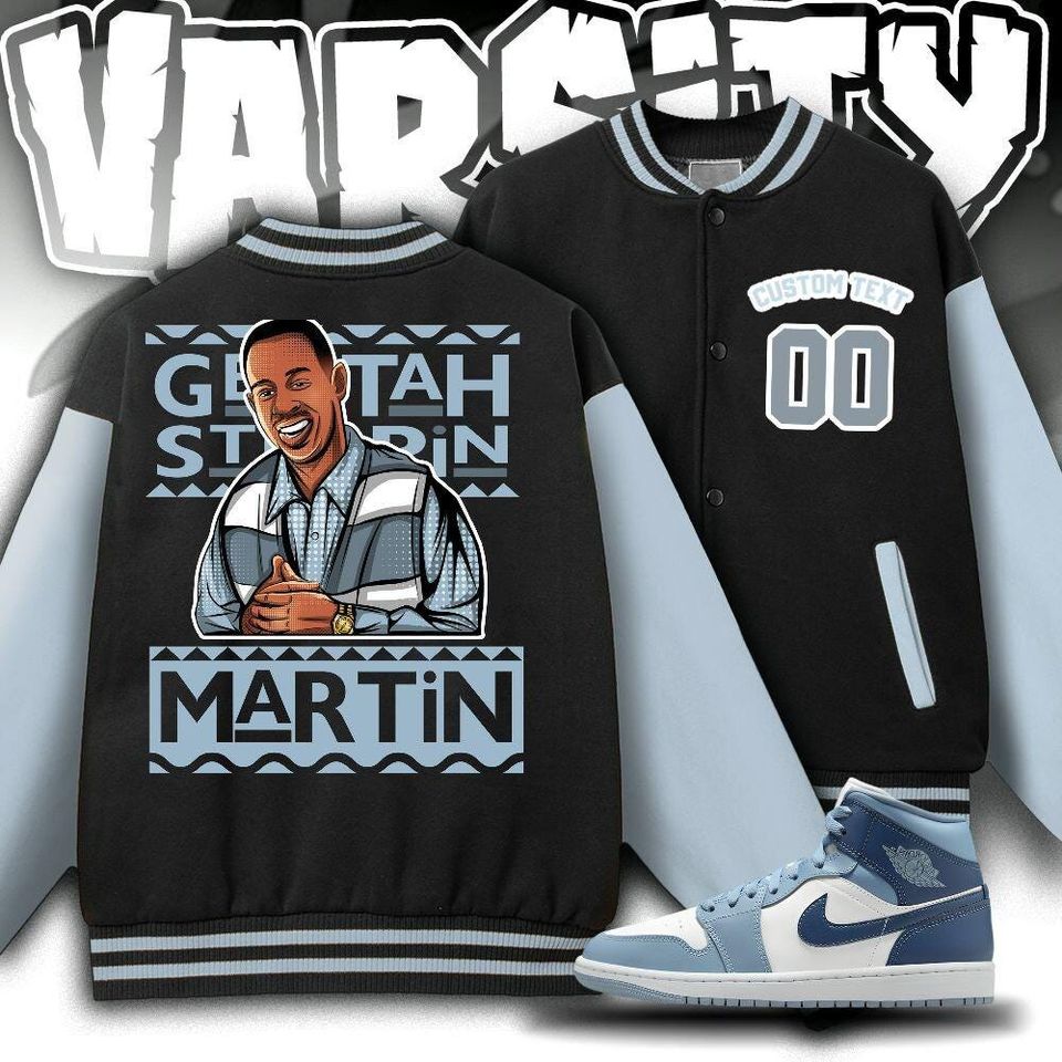 Custom  Blue Grey Unisex Varsity Jacket, Martin Cartoon