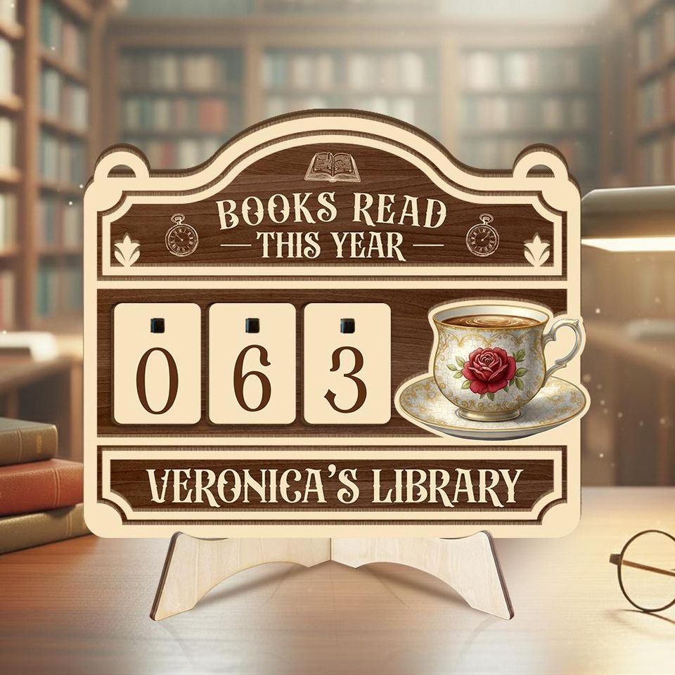Personalized Cat Book Tracker - Books Read This Year Counter, Vintage Book Read Tracker, Gift for Readers, Book Lovers Gift, Bookshelf Decor