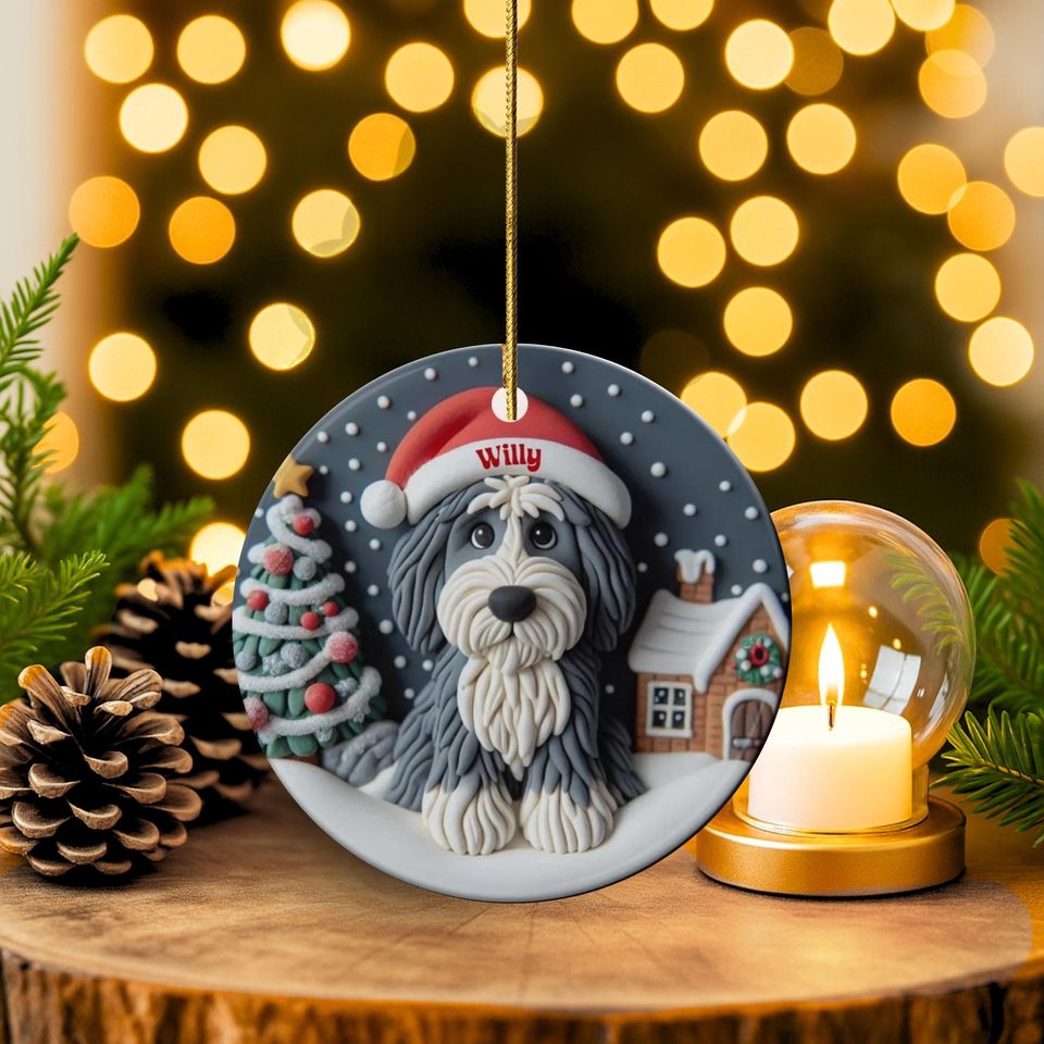 Personalized Sheepadoodle Ceramic Ornament - Two Sided Clay Scene