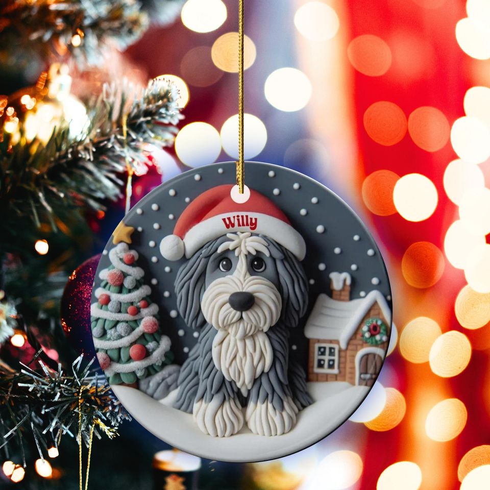 Personalized Sheepadoodle Ceramic Ornament - Two Sided Clay Scene