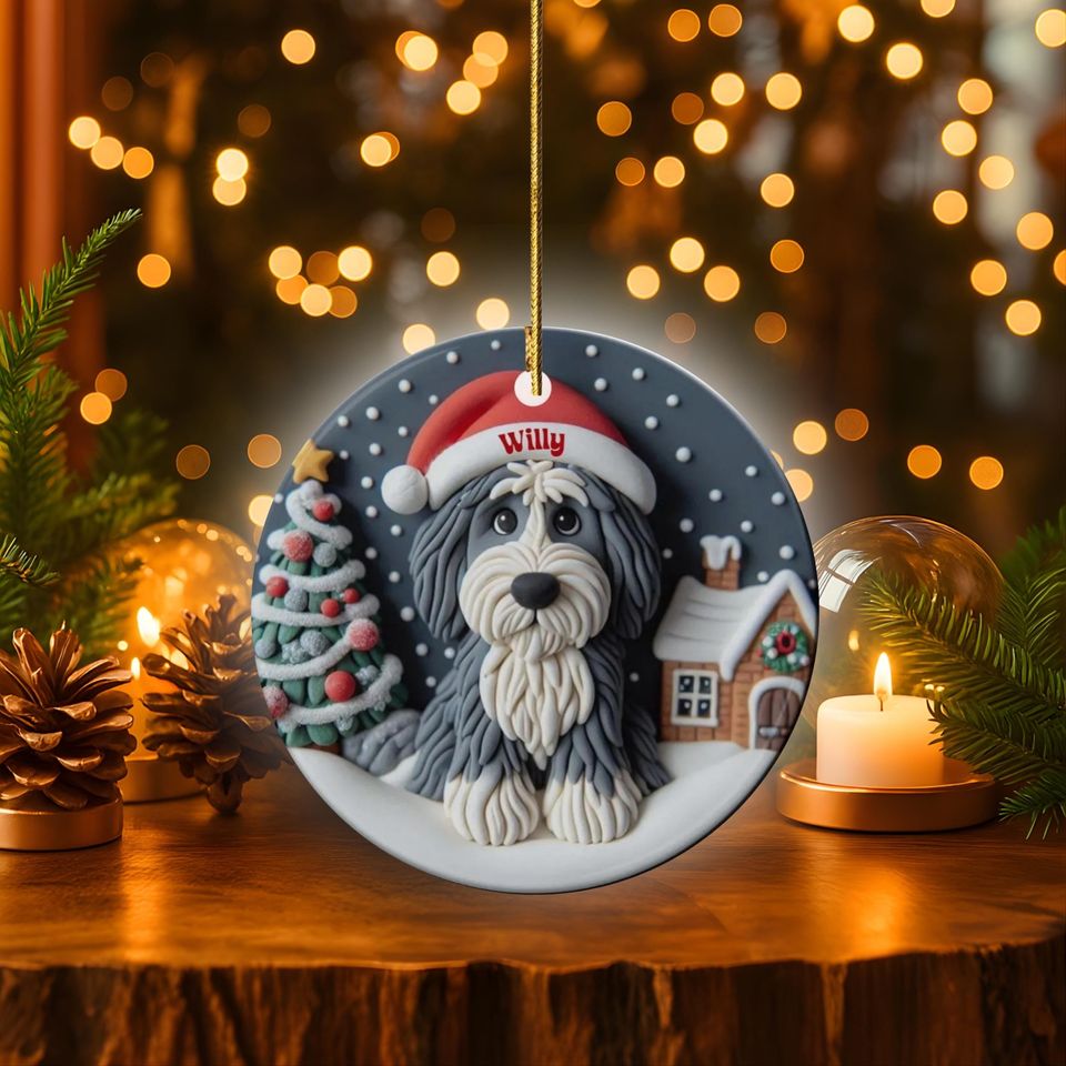 Personalized Sheepadoodle Ceramic Ornament - Two Sided Clay Scene