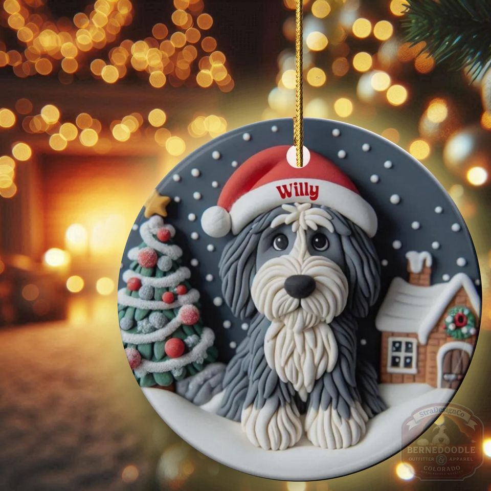 Personalized Sheepadoodle Ceramic Ornament - Two Sided Clay Scene