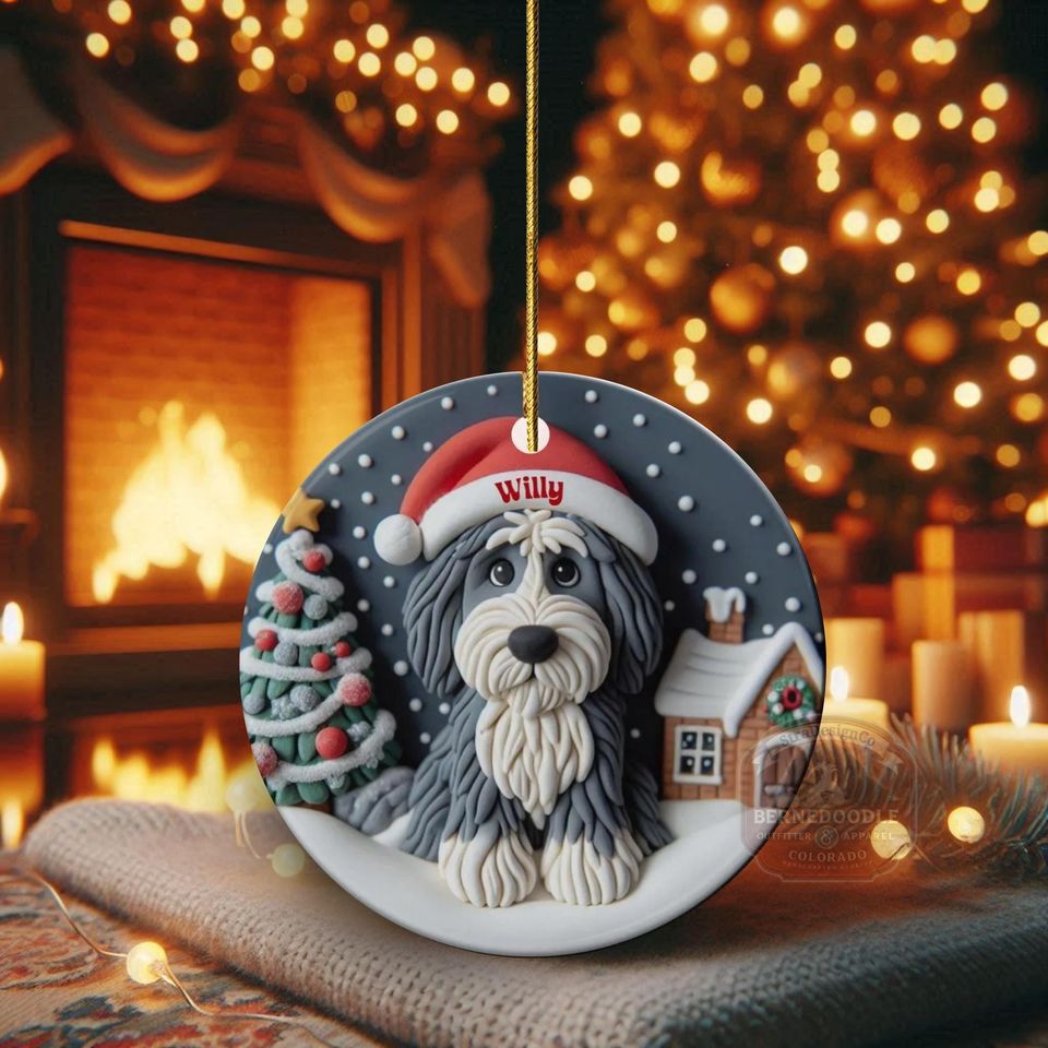 Personalized Sheepadoodle Ceramic Ornament - Two Sided Clay Scene
