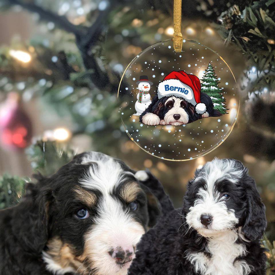 Bernedoodle Wearing a Santa Hat - Acrylic Ornament - Personalized Christmas Doodle Decor