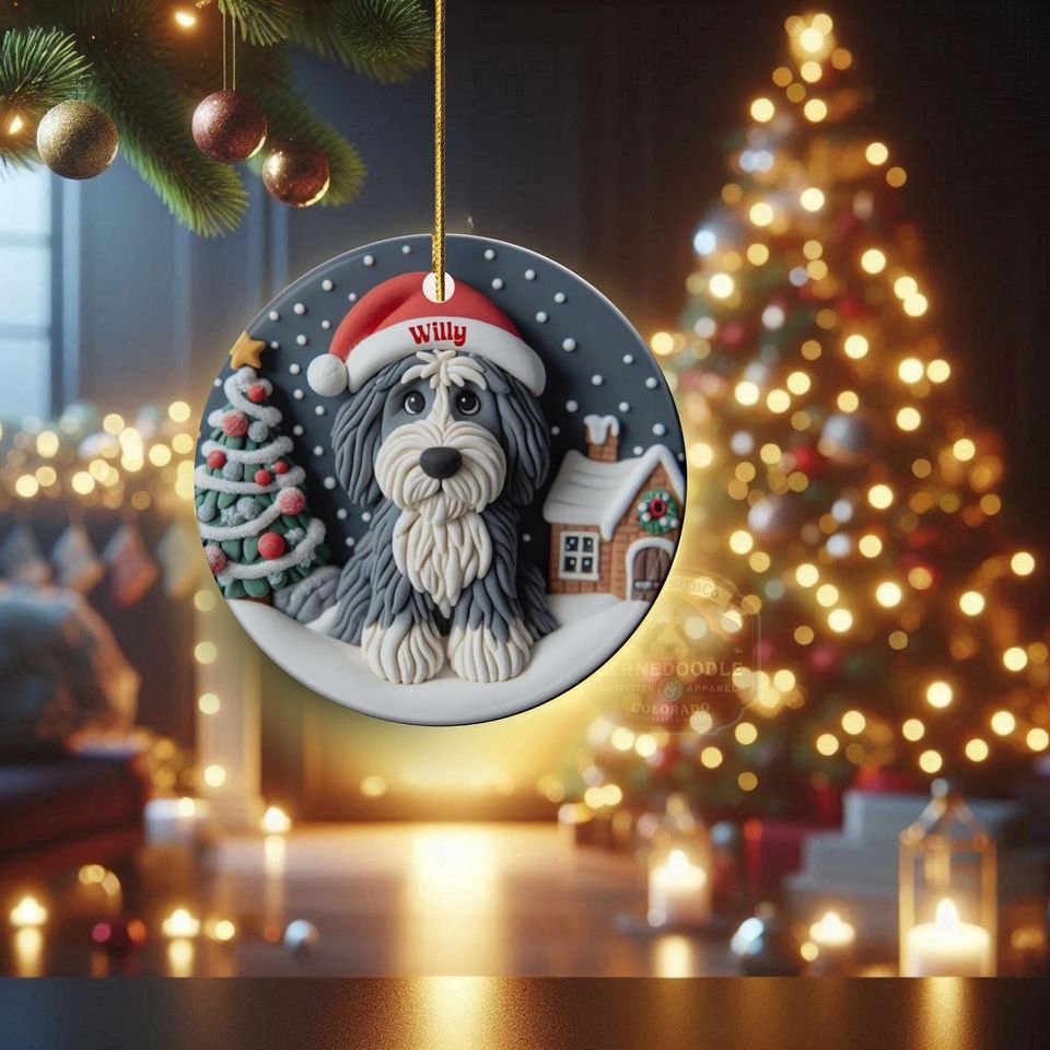 Personalized Sheepadoodle Ceramic Ornament - Two Sided Clay Scene