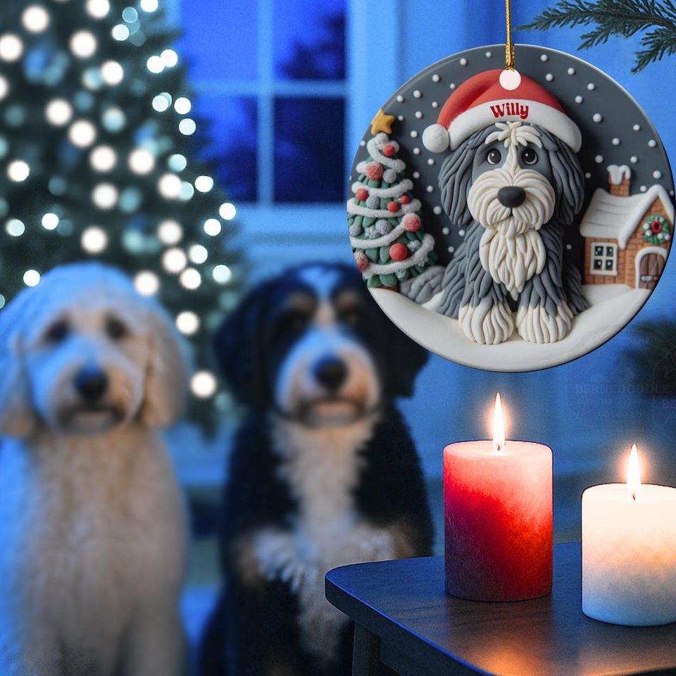 Personalized Sheepadoodle Ceramic Ornament - Two Sided Clay Scene