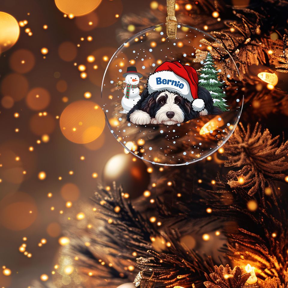 Bernedoodle Wearing a Santa Hat - Acrylic Ornament - Personalized Christmas Doodle Decor