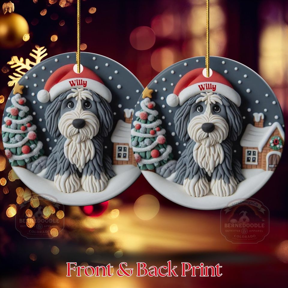 Personalized Sheepadoodle Ceramic Ornament - Two Sided Clay Scene