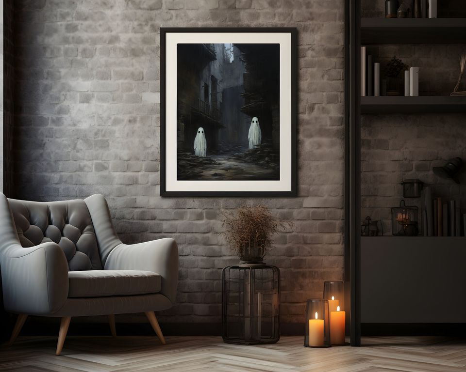Ghosts Walking On the Street Digital Print, Ghost Spooky Decor Wall Art