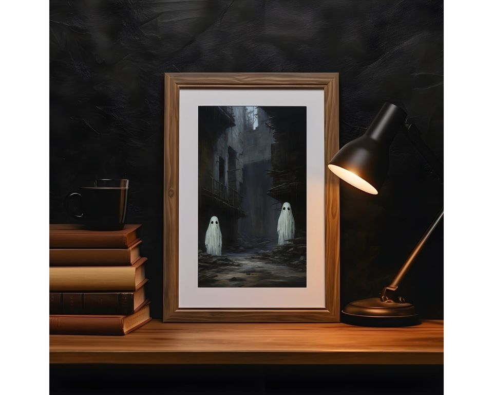Ghosts Walking On the Street Digital Print, Ghost Spooky Decor Wall Art