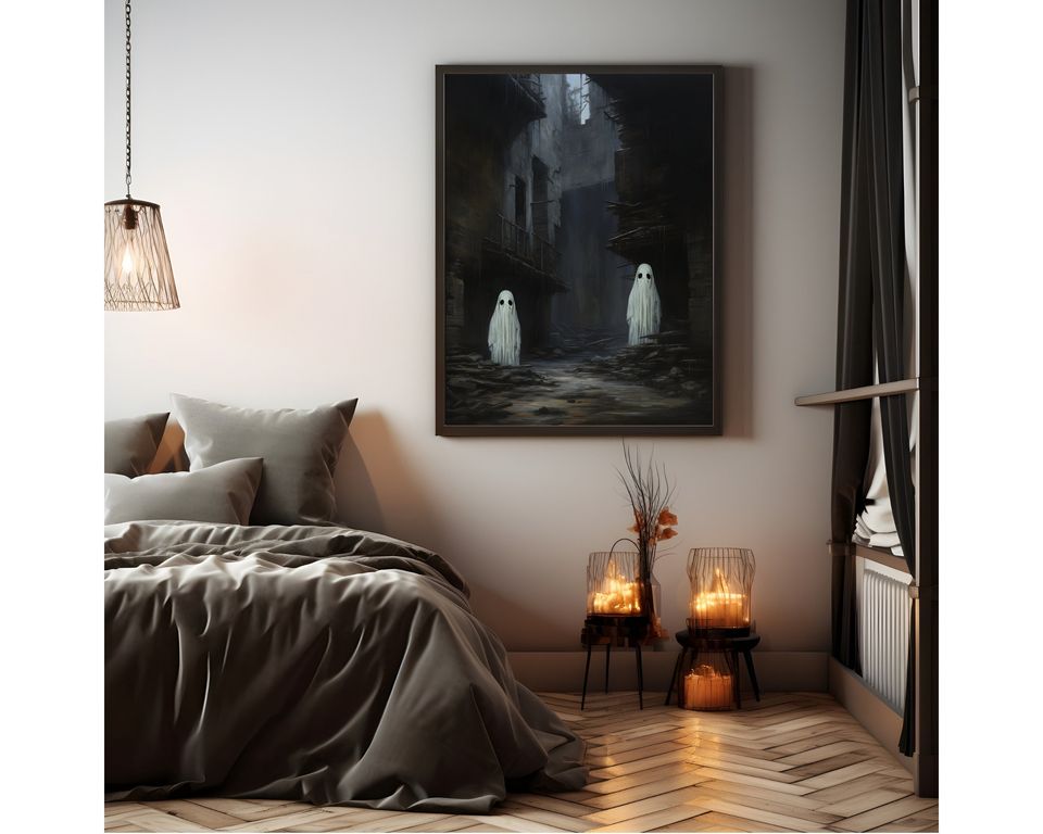 Ghosts Walking On the Street Digital Print, Ghost Spooky Decor Wall Art