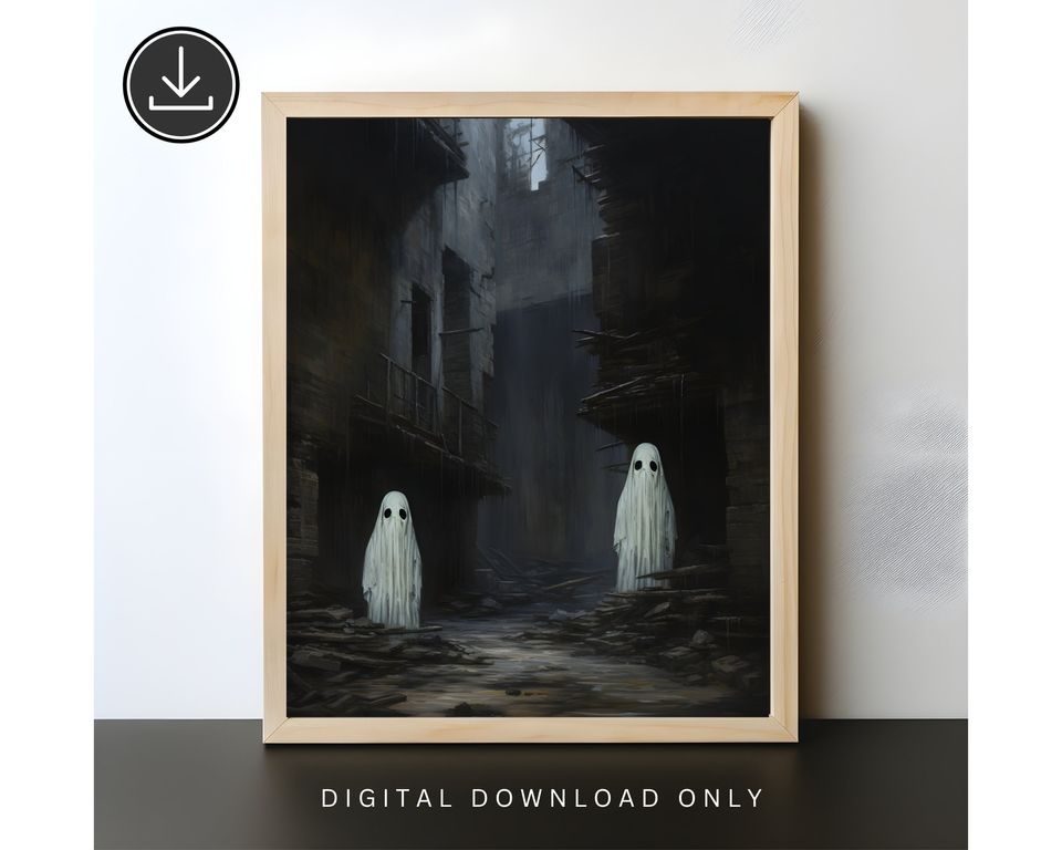 Ghosts Walking On the Street Digital Print, Ghost Spooky Decor Wall Art