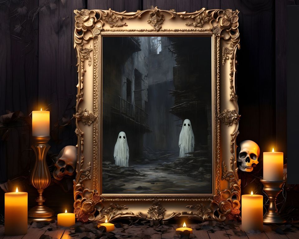 Ghosts Walking On the Street Digital Print, Ghost Spooky Decor Wall Art
