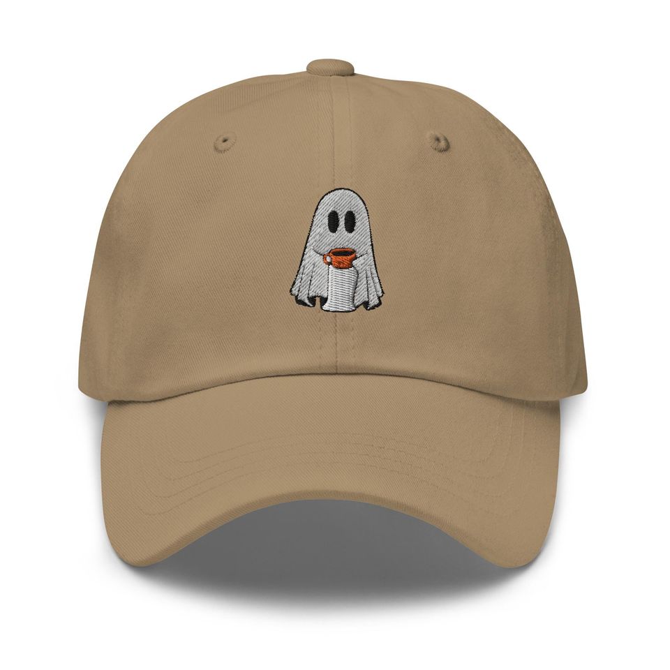 Ghost with Coffee Embroidered Adjustable Relaxed Fit Hat, Ghost Hat